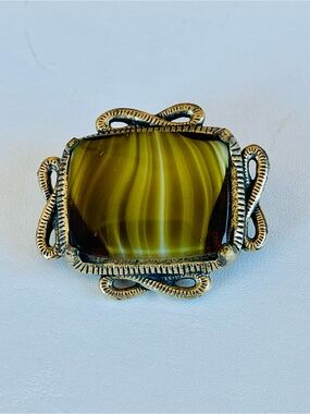 Vintage  Olive Green Glass Accent Brooch with Filigree Frame by Miracle jewelry